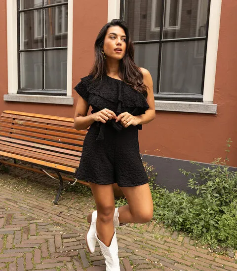 Saar one Shoulder Playsuit | Black